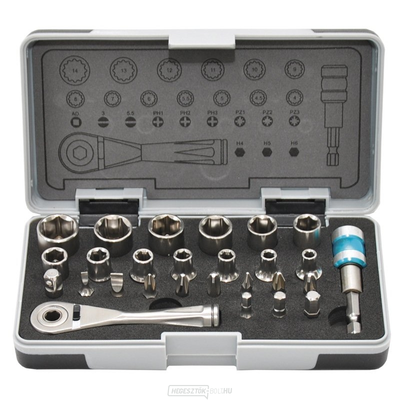 1/4" rozsdamentes acél dugókulcsok és bitek készlete - 27db
