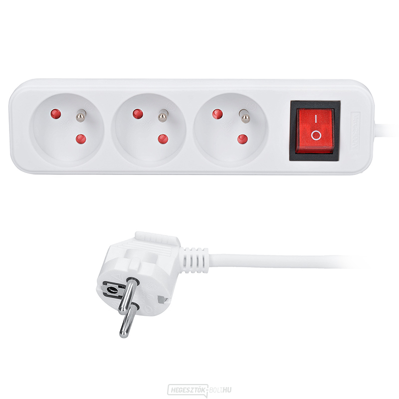 Solight hosszabbító kábel, 3 aljzat, fehér, kapcsoló, 1,5m