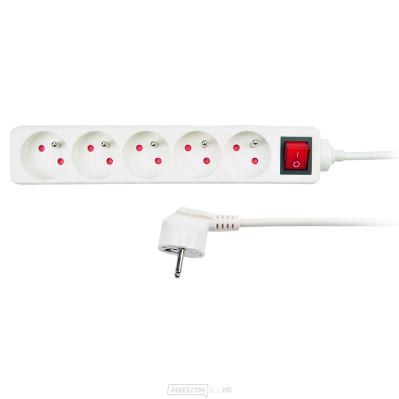 Solight hosszabbítókábel, 5 aljzat, fehér, kapcsoló, 1,5m