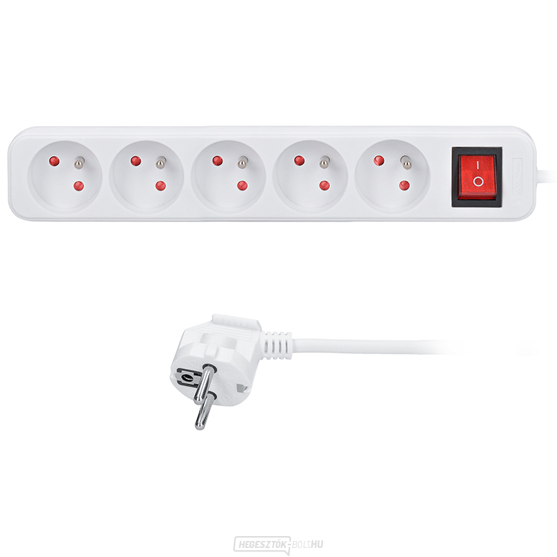 Solight hosszabbítókábel, 5 aljzat, fehér, kapcsoló, 1,5m