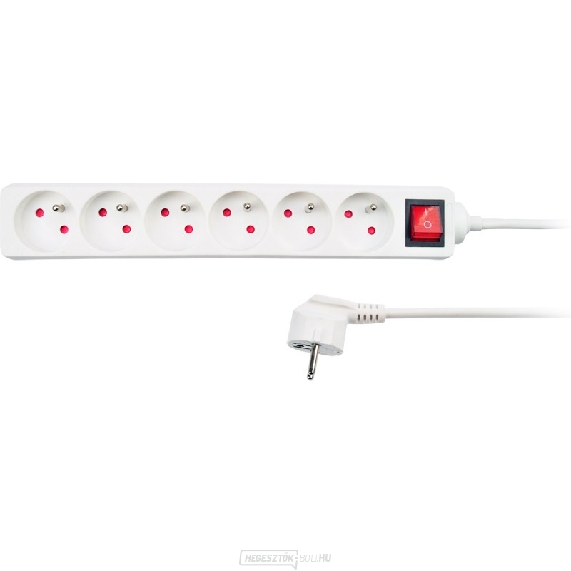 Solight hosszabbító kábel, 6 aljzat, fehér, kapcsoló, 1,5m