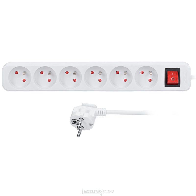Solight hosszabbító kábel, 6 aljzat, fehér, kapcsoló, 3m