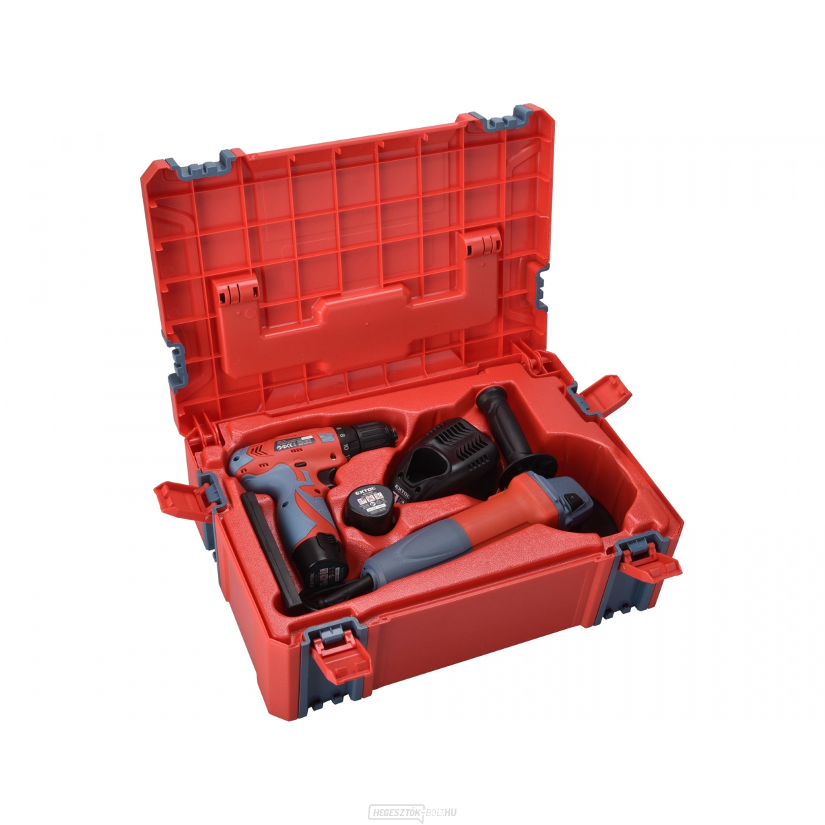 12V-os akkus fúrógép és 125mm-es sarokcsiszoló készlet műanyag dobozban