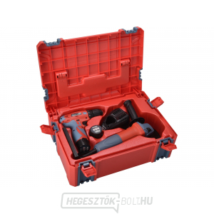12V-os akkus fúrógép és 125mm-es sarokcsiszoló készlet műanyag dobozban gallery main image