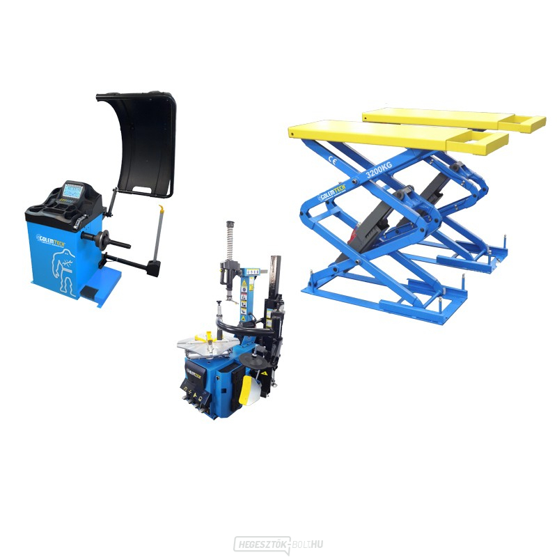 SET 3 MAXI - TC03 automata ollós emelő, TW02 3D kiegyensúlyozó gép és ollós emelő a padlóba