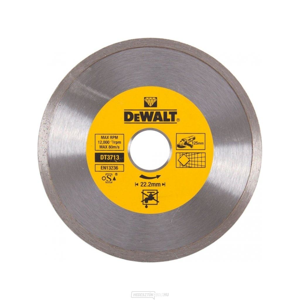 DT3713 Gyémánttárcsa szinterezett keményfémből készült 125x22,2 mm-es folyamatos kerületű gyémánttal, lapok száraz vágásához DeWALT