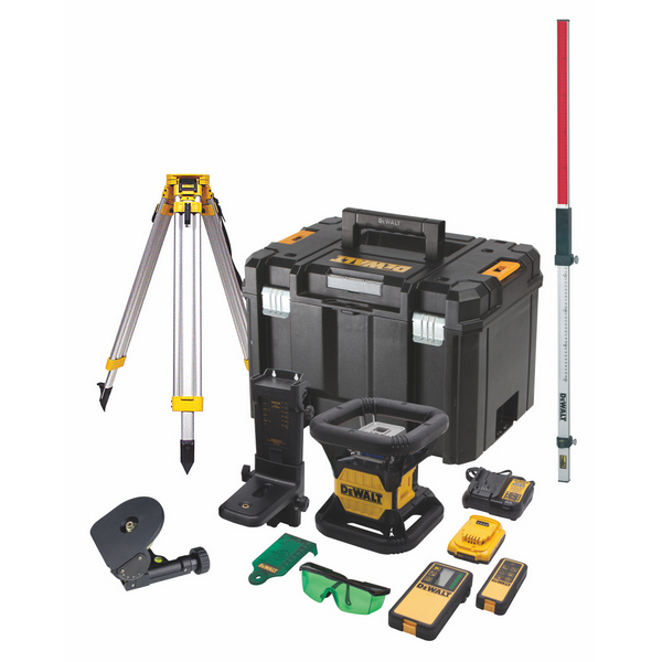 DCK379D1G DeWALT 18V 360°-ban forgatható zöld lézerkészlet állvánnyal és léccel