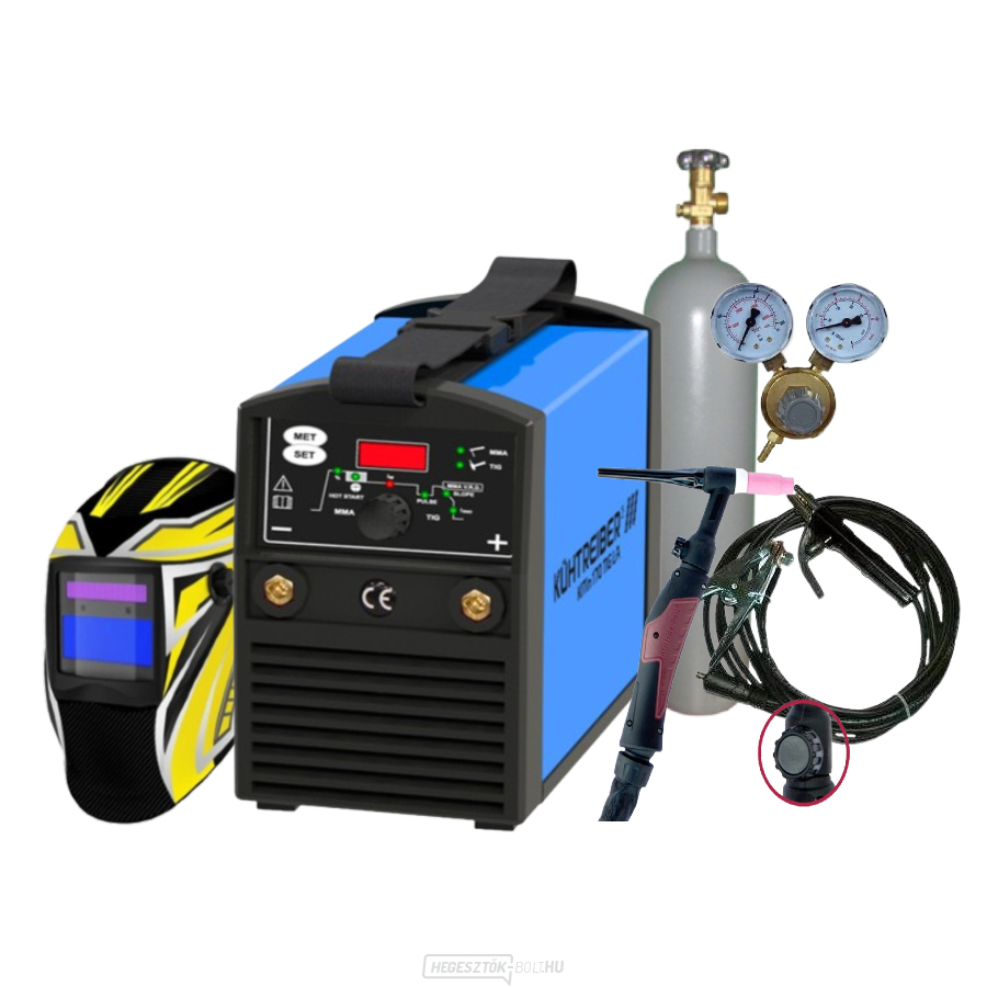 KITin 170 TIG LA + 25/3m kábelek + sisak + pisztoly + nyomáscsökkentő szelep + teljes ARGON palack