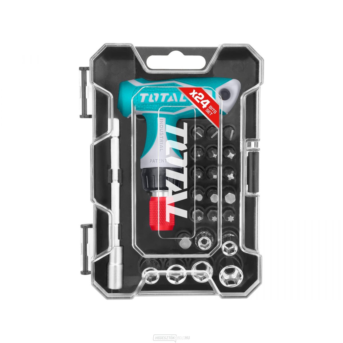 Ratchet csavarhúzó T-markolattal és hegyekkel, 24 darabos készlet