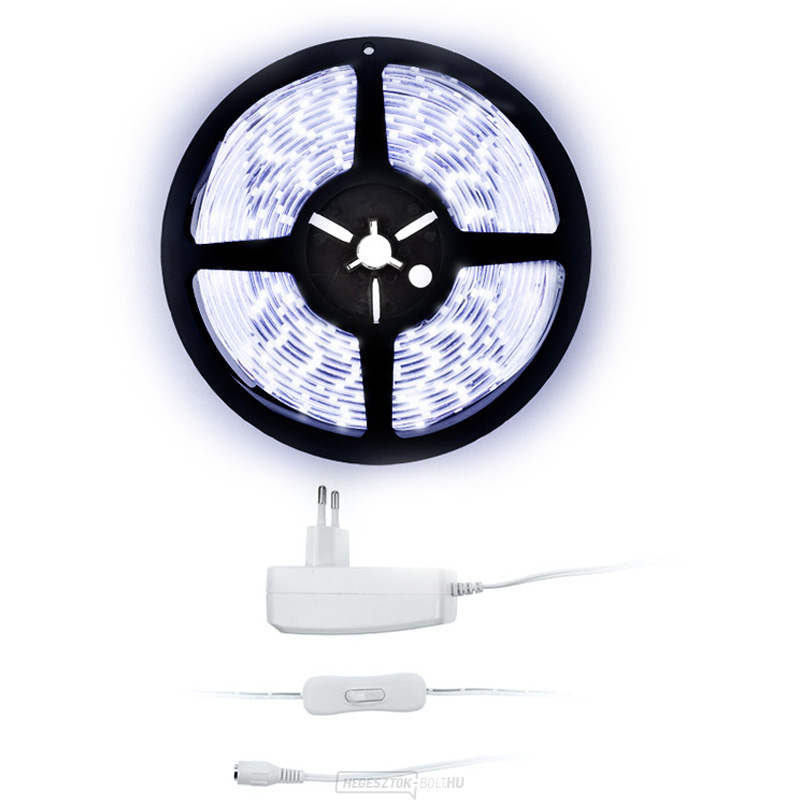 Solight LED fényszalag teszterrel, 5m, 12V-os adapterrel, 4,8W/m, IP20, hideg fehér