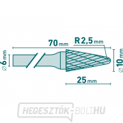 Keményfém maró, lekerekített kúpos (R 2,5mm), átmérő 10x25mm/szár 6mm, sec közepes (dupla vágás) Előnézet 