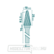 Keményfém maró, lekerekített kúpos (R 2,5mm), átmérő 10x25mm/szár 6mm, sec közepes (dupla vágás) Előnézet 