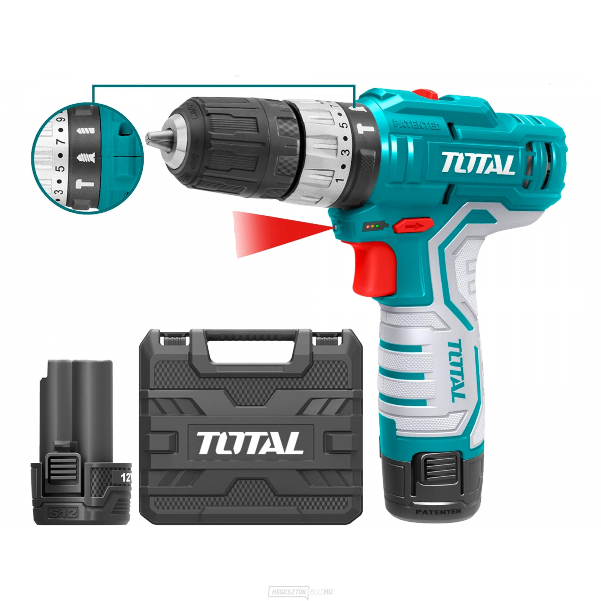 Akkus fúrókalapács TOTAL, 12V Li-ion (2x), 1500mAh