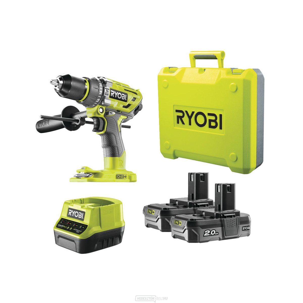 Ryobi R18PD7-220B akkumulátoros 18 V-os ütvefúró 2x 2Ah akkumulátor töltő EGY 