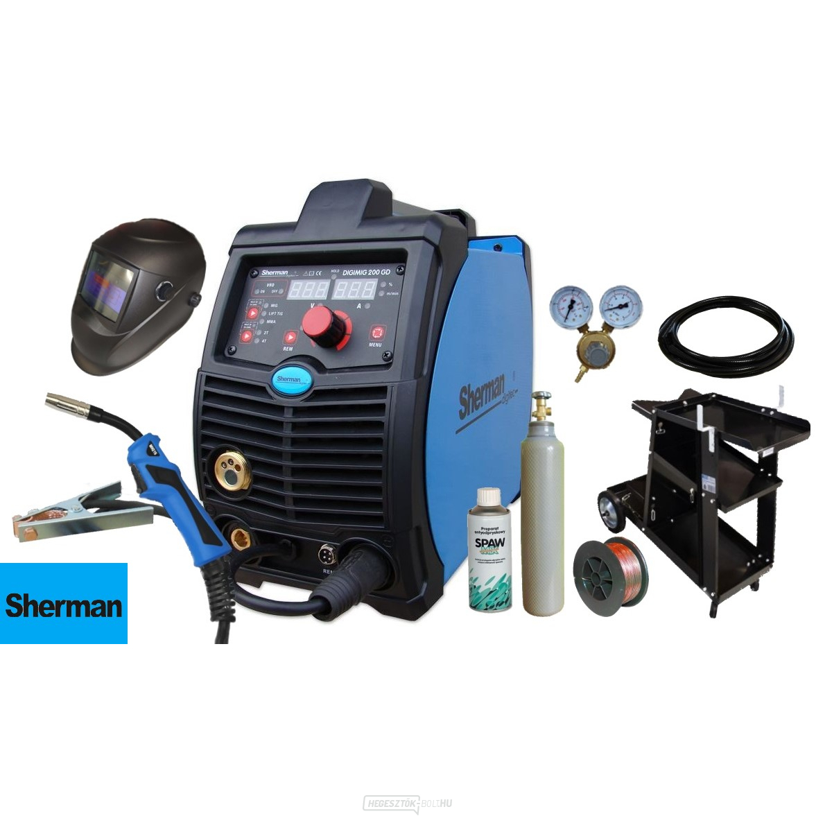 Sherman DIGIMIG 200 GD Synergy + Pisztoly + Földelőkábel + Nyomáscsökkentő szelep + Automatikusan sötétedő bura + Kábel + Kocsi + Teljes henger