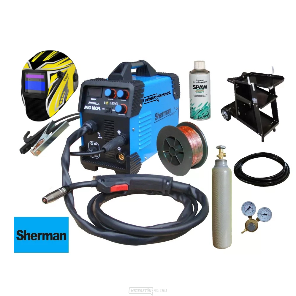 Sherman Welding Inverter MIG 180FL + Zseblámpa + kábelek + burkolat + redukáló szelep + kocsi + huzal + spray + CO2 palack TELJES