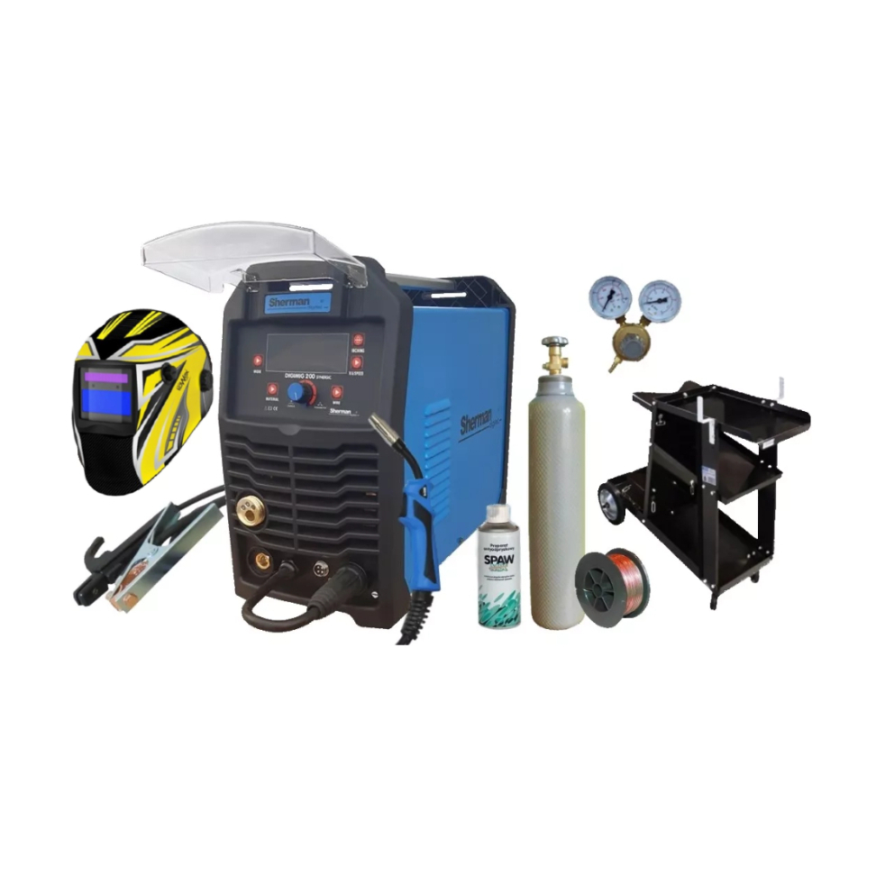 Sherman DIGIMIG 200 Synergic + Pisztoly + Kábelek + Sisak + Kocsi + Vezeték + Spray + Nyomáscsökkentő szelep + Teljes nyomású palack