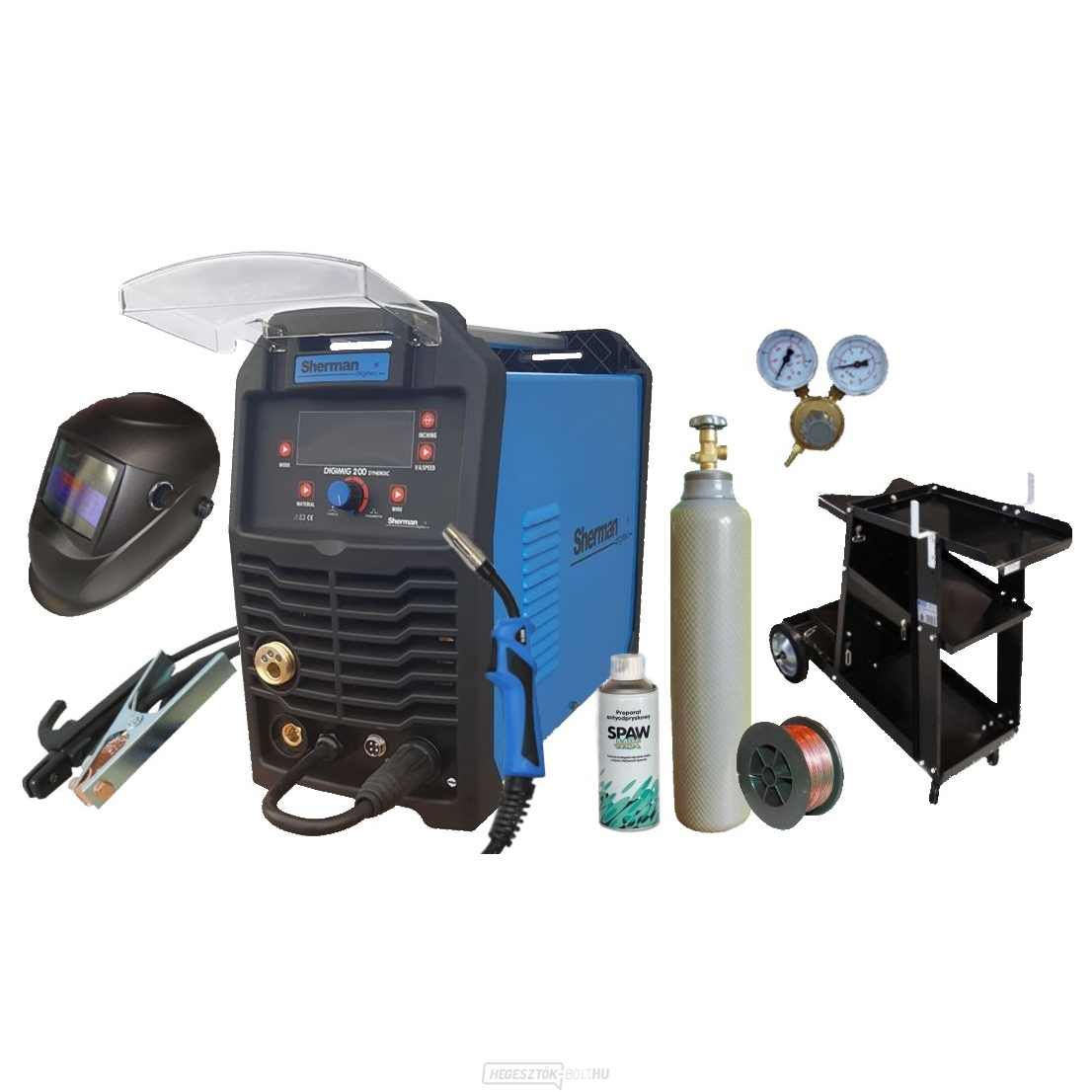 Sherman DIGIMIG 200 Synergic + zseblámpa + kábelek + burkolat + kocsi + huzal + spray + redukáló szelep + nyomástartó palack