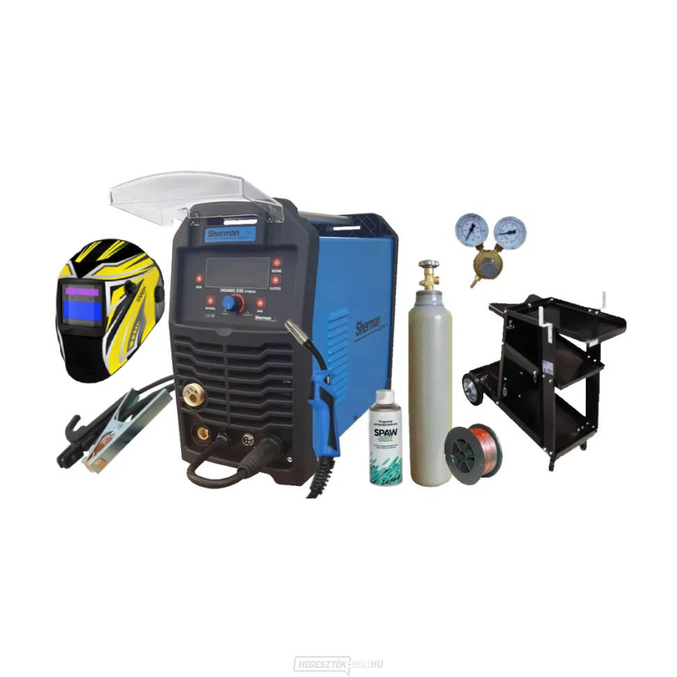 Sherman DIGIMIG 200 Synergic + Pisztoly + Kábelek + Sisak + Kocsi + Vezeték + Spray + Nyomáscsökkentő szelep + Teljes nyomású palack