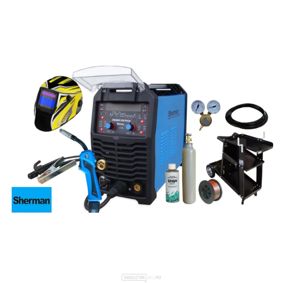 Sherman DIGIMIG 200 Pulse + Pisztoly + Kábelek + Automatikusan sötétedő sisak + Kocsi + Nyomáscsökkentő szelep + Spray + Drót + Teljes nyomáspalack