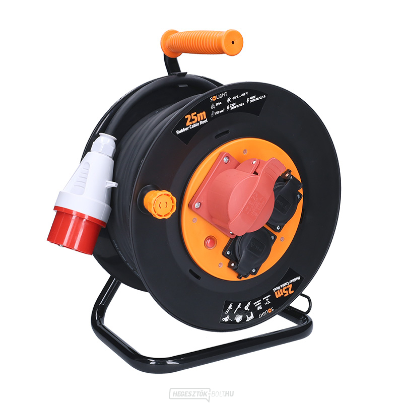 Solight hosszabbító kábel dobon, 3 aljzat, 400V 230V, 25m gumikábel 3x1,5mm2, IP44