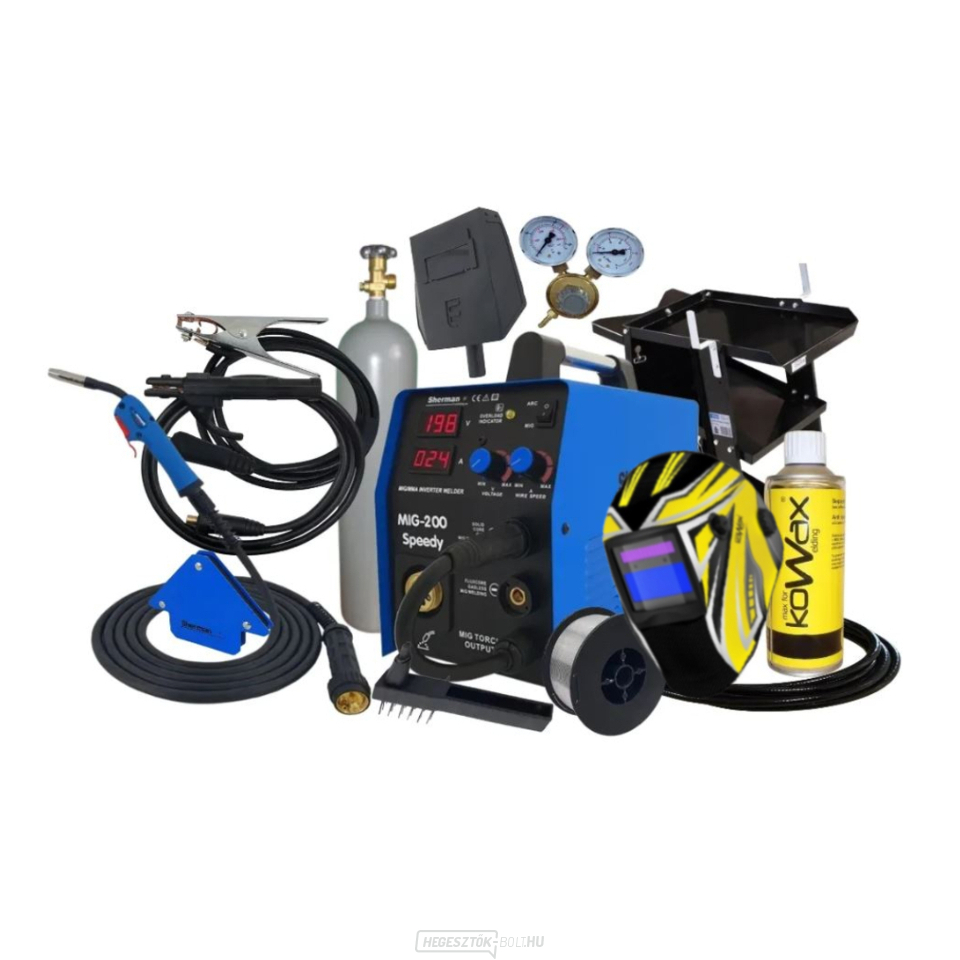 Sherman MIG 200 Speedy + fáklya + kábelek + vezeték + mágnes + sisak + gurulós kocsi + szelep + spray + teli CO2 palack