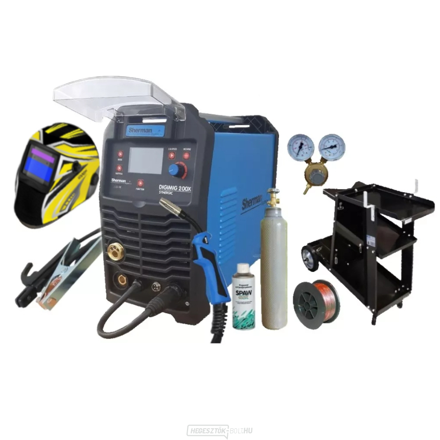 Sherman DIGIMIG 200X Synergic + fáklya + kábelek + nyomáscsökkentő + sisak + spray + vezeték + kocsi + teli CO2 palack