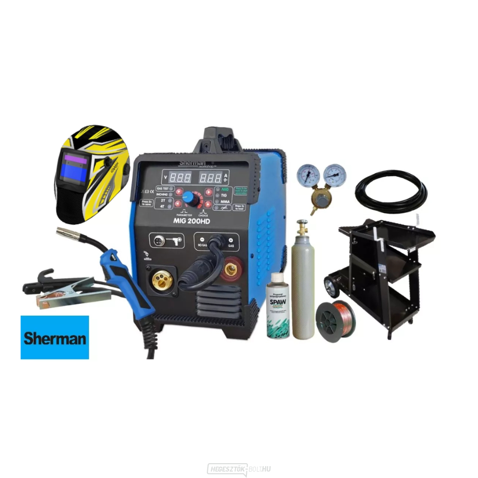Sherman MIG 200 HD + Kábelek + Pisztoly + Vezeték + Spray + Sisak + Kocsi + Szelep + Tele CO2 Palack