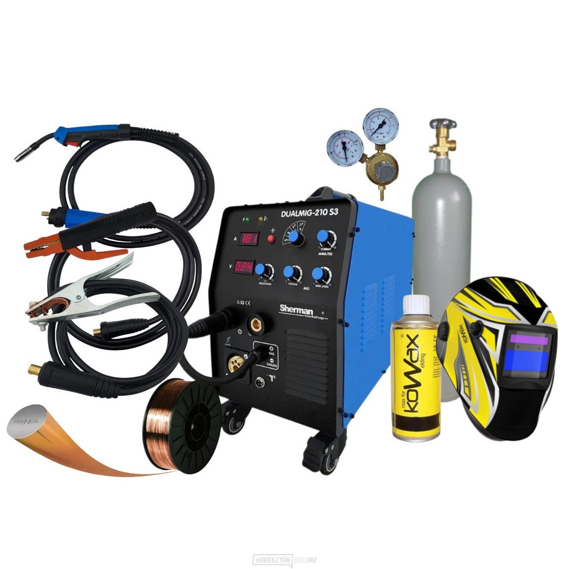SHERMAN FÉLAUTOMATA HEGESZTŐGÉP DUALMIG 210 S3 + PISZTOLY + KÁBELEK + HEGESZTŐSISAK + SZELEP + DRÓT + SPRAY + TELI CO2 PALACK