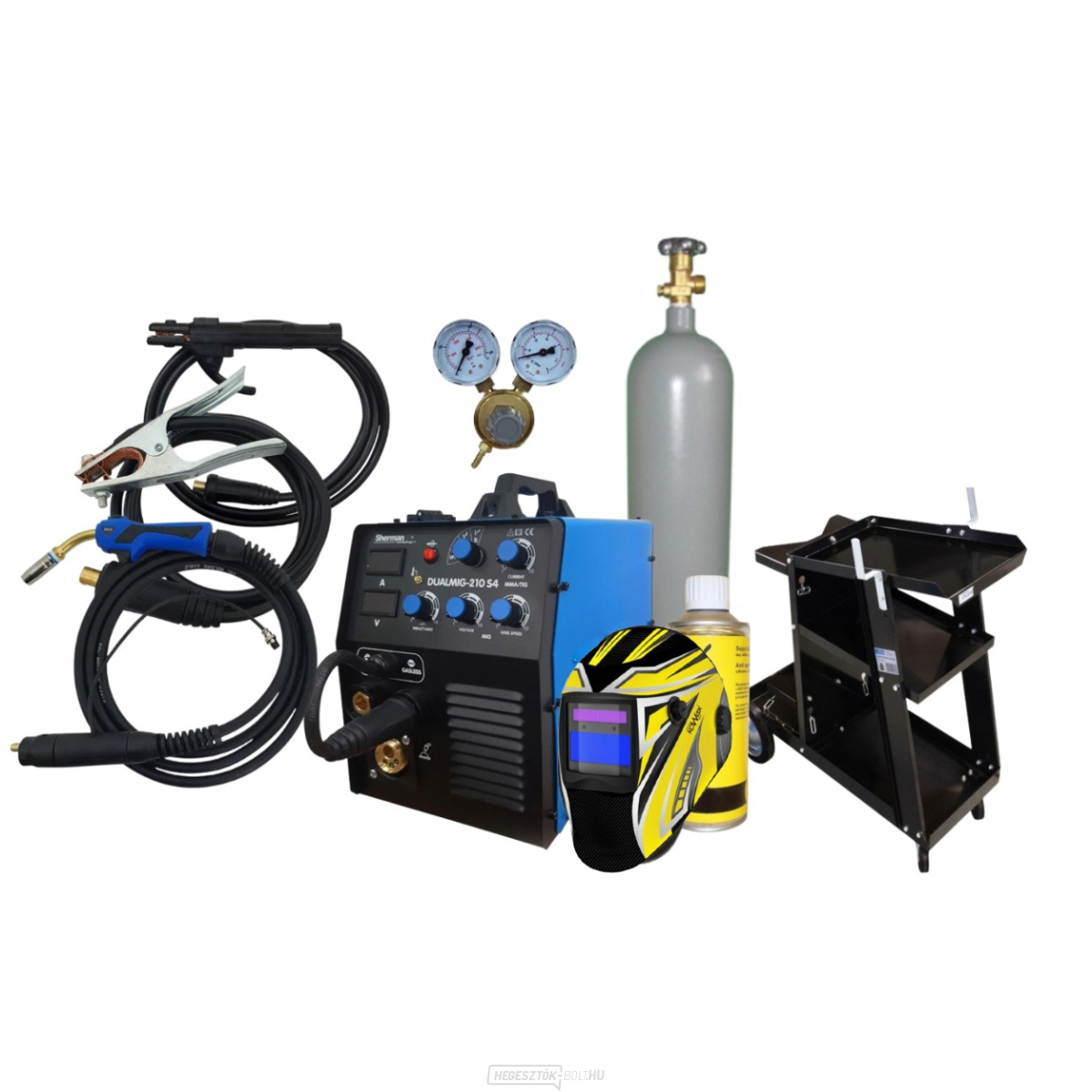 Sherman DualMIG 210 S4 + Pisztoly + kábelek + sisak + szelep + vezeték + szórófej + kocsi + teli CO2 palack