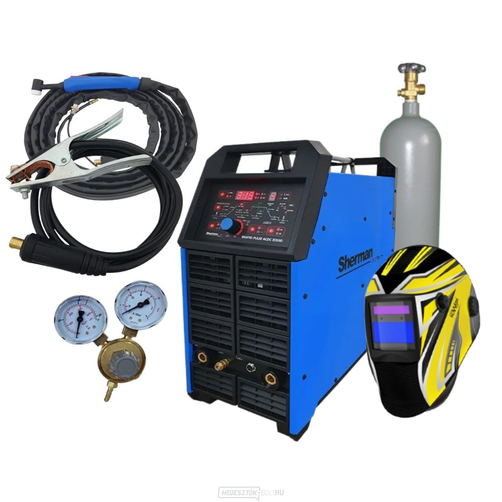 Sherman DIGITIG 315GD AC/DC impulzus hegesztő inverter + pisztoly + kábelek + sisak + nyomáscsökkentő szelep + teljes ARGON palack