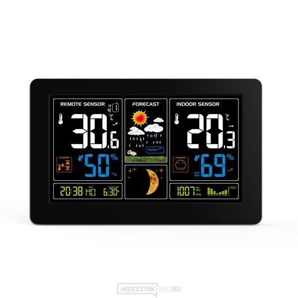 Solight meteorológiai állomás, extra nagy színes LCD kijelző, hőmérséklet, páratartalom, nyomás, RCC, USb töltés, fekete színű