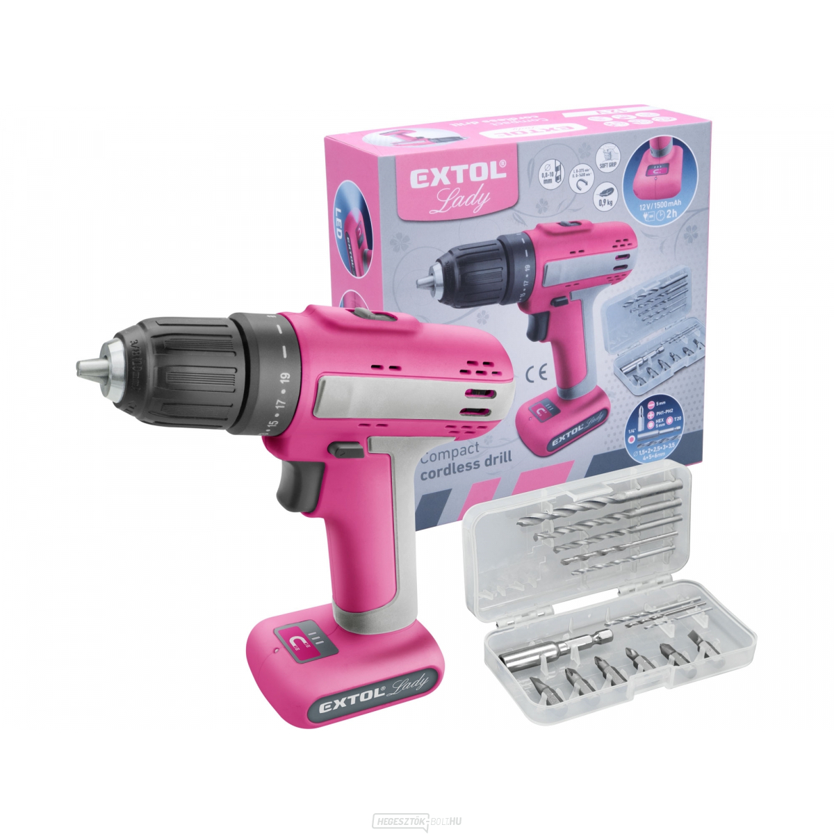 Akkumulátoros fúrócsavarhúzó rózsaszín EXTOL 12V Li-ion, 1500mAh