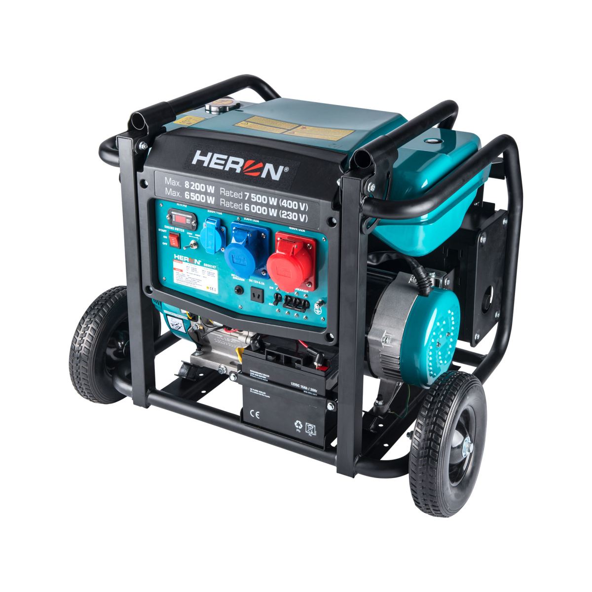 Benzinmotoros generátor 17HP/8,2kW/10,25kVA (400V), 6,5kW (230V), alváz, elektromos indítással.