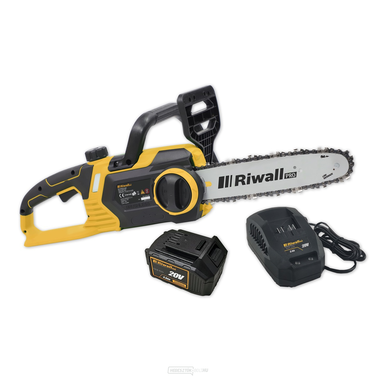 Riwall PRO RACS 2520i SET akkus láncfűrész 20 V kefe nélküli motorral 4Ah akkumulátortöltő