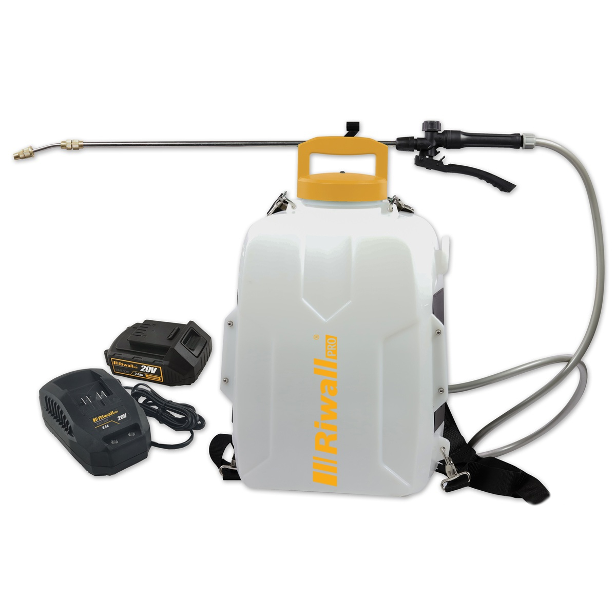 Riwall PRO RAS 1220 SET Accu permetezőgép 20 V 2Ah akkumulátortöltő