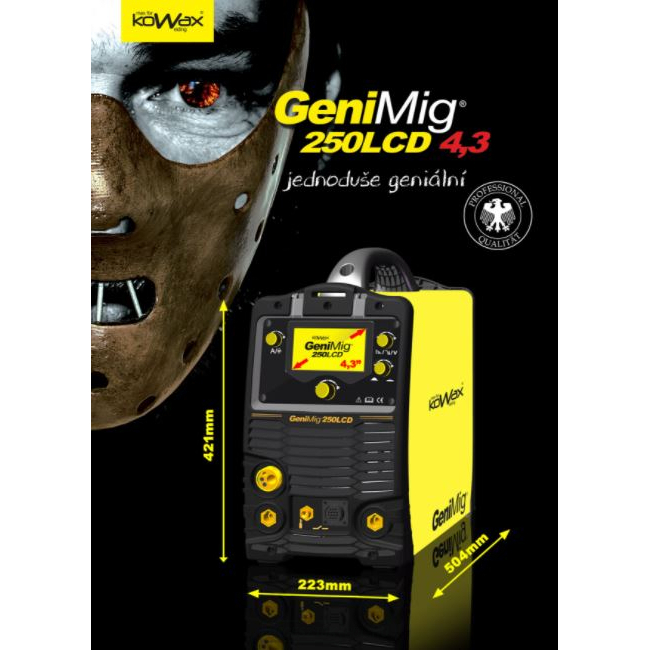 KÉSZLET GeniMig 250 LCD 4.3 + pisztoly 260A 4m + ECO nyomáscsökkentő szelep + sisak + 5kg-os kábel + különálló. spray + alváz + CO2 palack