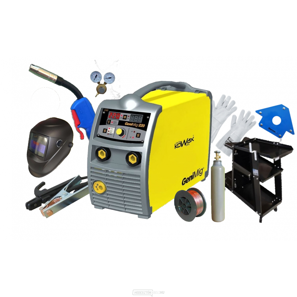 KOWAX GeniMig 220 MIG/MAG, MMA + Pisztoly + Kábelek + Szelep + Sisak + Kocsi + Drót + Mágnes + Kesztyű + Tele CO2 Palack