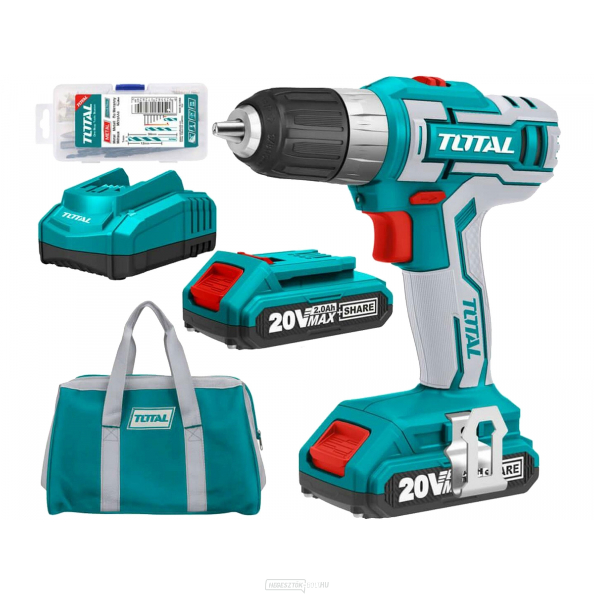 Akkus fúrócsavarozó TOTAL 20V Li-ion, 2000mAh, ipari