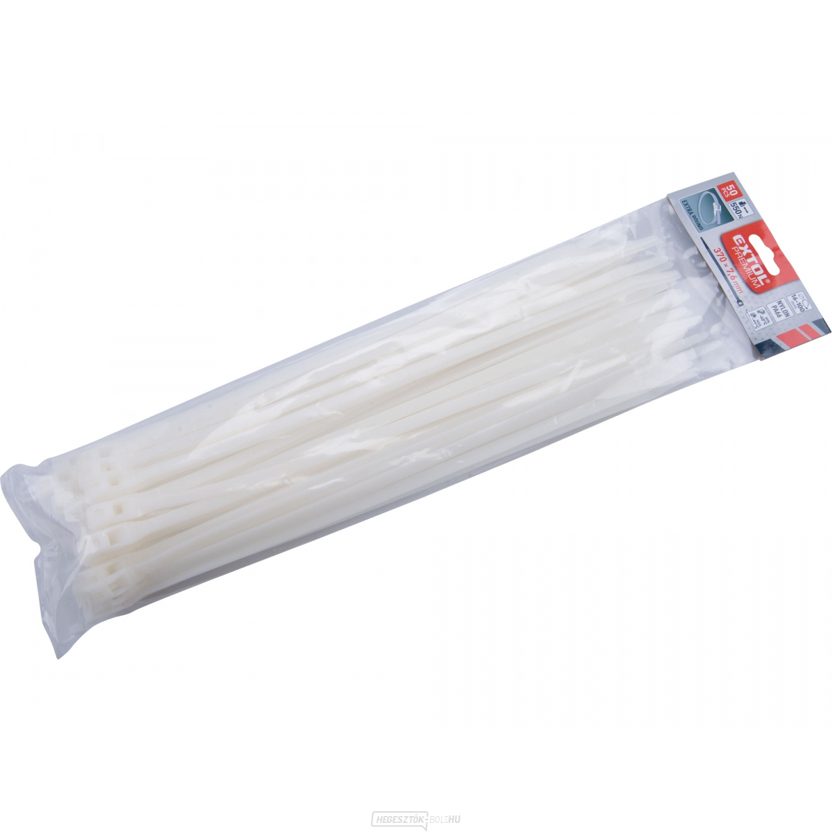EXTRA kábelkötegelő, fehér, 370x7,6mm, 50db, nejlon PA66 EXTRA kábelkötegelő, fehér, 370x7,6mm, 50db, nejlon PA66 gallery main image