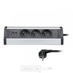 Solight hosszabbító kábel, 3 aljzat 2X USB, 1,5m, 3 x 1mm2, alumínium, sarok kivitelben