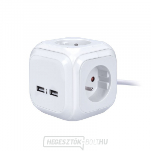 Solight hosszabbító kocka, 4 aljzat 230V 2x USB max. 2400mA, kábel 2m