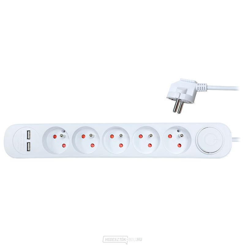 Solight hosszabbító kábel, 5 aljzat, USB 2.4A, fehér, 3 x 1mm2, kapcsoló, 2m