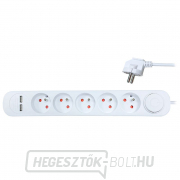 Solight hosszabbító kábel, 5 aljzat, USB 2.4A, fehér, 3 x 1mm2, kapcsoló, 2m gallery main image