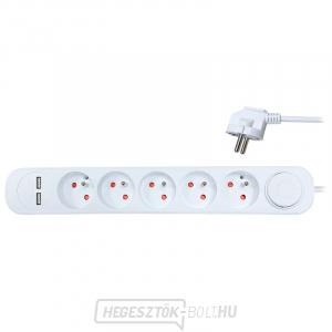 Solight hosszabbító kábel, 5 aljzat, USB 2.4A, fehér, 3 x 1mm2, kapcsoló, 2m