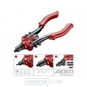 COMBO karos szegecselő fogó, M3-M10 szegecsanyákhoz és 2,4-6,4 mm-es szegecsekhez