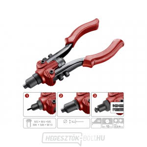 COMBO karos szegecselő fogó, M3-M10 szegecsanyákhoz és 2,4-6,4 mm-es szegecsekhez COMBO karos szegecselő fogó, M3-M10 szegecsanyákhoz és 2,4-6,4 mm-es szegecsekhez gallery main image