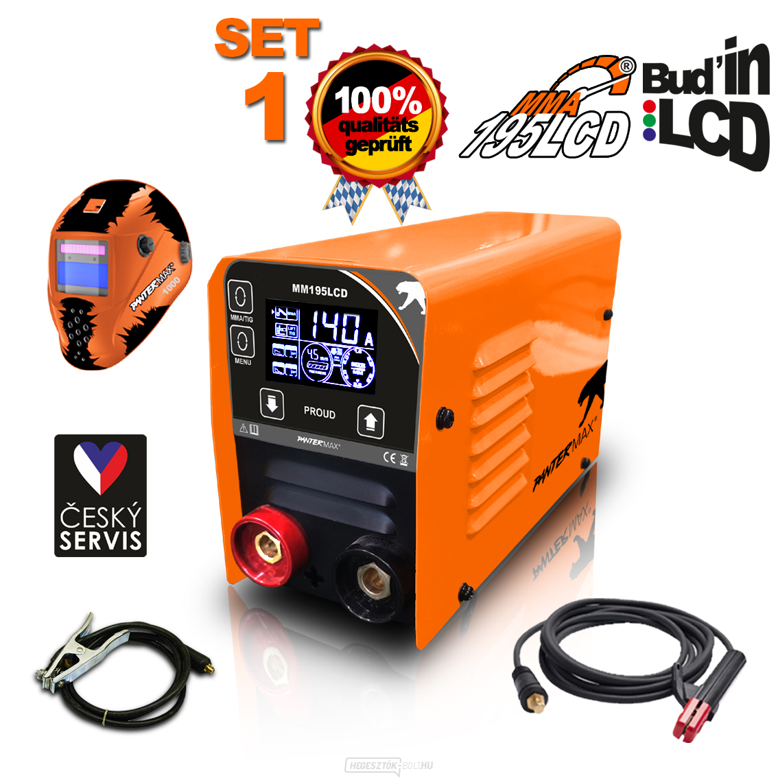 PANTERMAX MMA195LCD MMA/TIG inverteres hegesztő + tető + 1,5 m kábelek + kefe