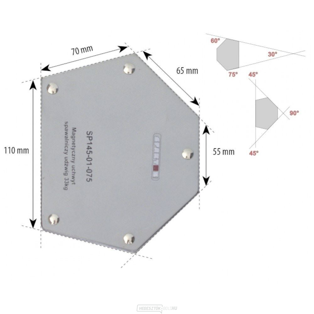 Szögmágnes 33kg, 6 négyzet alakú