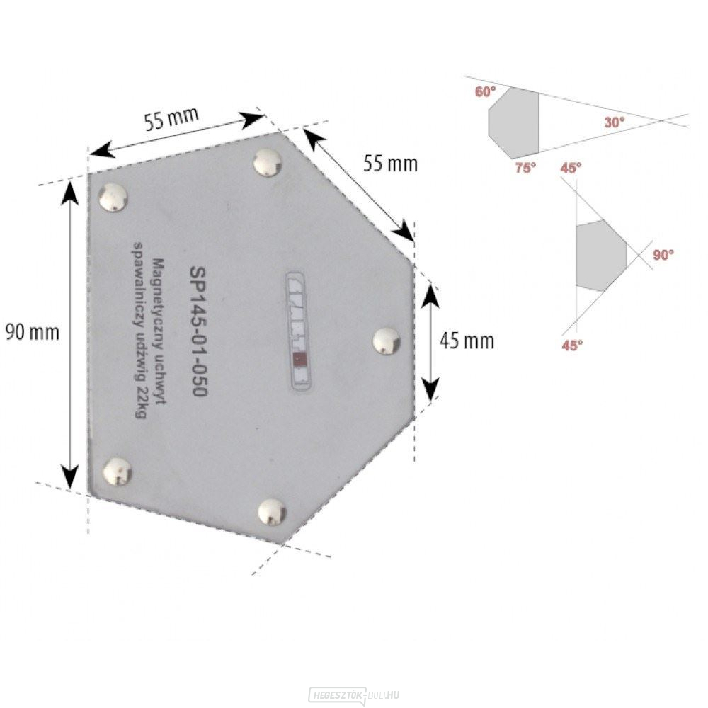 Szögmágnes 22kg, 6 négyzet alakú